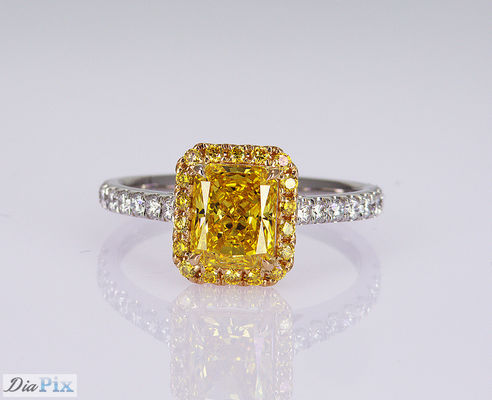 1.1ct Ραδιενεργό σχήμα φανταχτερό ζωηρό κίτρινο εργαστηριακό δαχτυλίδι διαμαντιού 18K χρυσό σετ