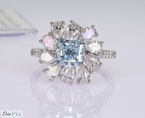 3.284ct Κουσούνι Κουτ Sky Blue CVD συνθετικά διαμαντένια δαχτυλίδια πολυτελή 18K λευκό χρυσό σετ