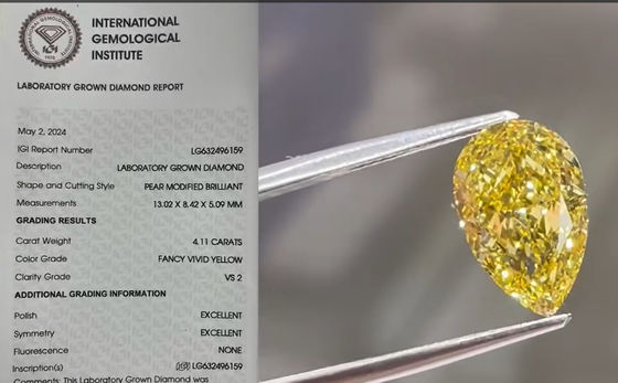 4CT CVD Κίτρινο Εργαστηριακό Μεγαλωμένο Διαμαντένιο Αχλάδι Σχήμα Αχλαδιού Φανταστικό Ζεστό Διαμαντένιο Δαχτυλίδι Κολιέ